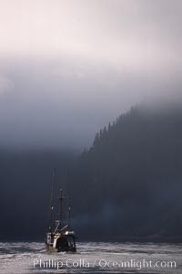 Fishing boat and clearing mist, Baranof Warm Springs, Baranof Island