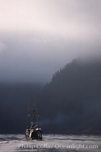 Fishing boat and clearing mist, Baranof Warm Springs, Baranof Island