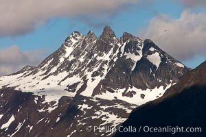 The Five Brothers (Mount Cinco Hermanos, 1280m) in the Fuegian Andes, a cluster of peaks above Ushuaia, the capital of the Tierra del Fuego region of Argentina, Beagle Channel