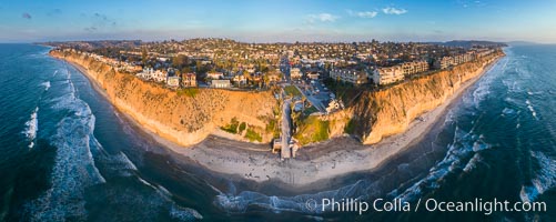 Fletcher Cove and Pillbox Beach at sunset, panoramic aerial photograph, Solana Beach, California