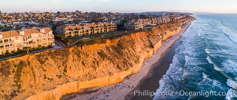 Fletcher Cove and Pillbox Beach at sunset, panoramic aerial photograph, Solana Beach, California