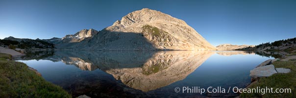 Fletcher Peak (11410') reflected in Townsley Lake, at sunrise, panoramic view, Yosemite National Park, California