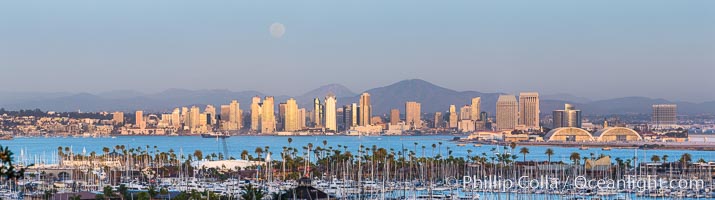 Full Moon over San Diego City Skyline, viewed from Point Loma. Mount San Miguel is in center while Lyons Peak lies to the left.