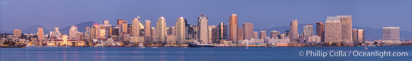 San Diego City Skyline at Dusk with City Lights viewed from Harbor Island