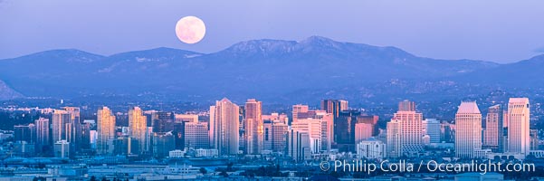 Full Moon Rises over the San Diego City Skyline and Mount Laguna, viewed from Point Loma, panoramic photograph