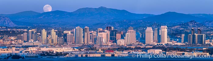 Full Moon Rises over San Diego City Skyline and Mount Laguna, viewed from Point Loma, panoramic photograph. The mountains east of San Diego can be clearly seen when the air is cold, dry and clear as it is in this photo