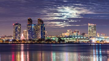 Full moon rising over San Diego city skyline, sunset, storm clouds, viewed from Coronado Island