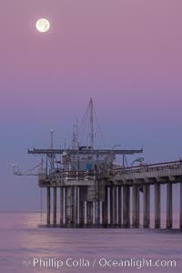 Full Moon Setting Over SIO Pier in the moments just before sunrise, Scripps Institution of Oceanography.