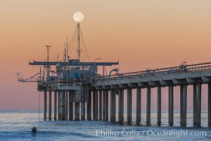 Full Moon Setting Over SIO Pier in the moments just before sunrise, Scripps Institution of Oceanography.
