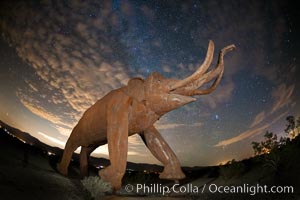 Mammoth art sculpture, by Ricardo Breceda, at night under the stars in Galleta Meadows, Borrego Springs, California