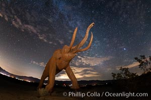 Mammoth art sculpture, by Ricardo Breceda, at night under the stars in Galleta Meadows, Borrego Springs, California