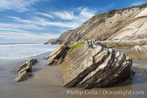 Shale is a fine-grained detrital sedimentary rock formed by the compaction of clay, silt, or mud.  Shale is formed when mud is pressed into rock over millions of years and often breaks into big flat pieces. Here layers of shale emerge from the sand and cliffs at Gaviota State Beach north of Santa Barbara