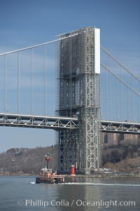 George Washington Bridge, with construction scaffolding.  Hudson River, Manhattan, New York City