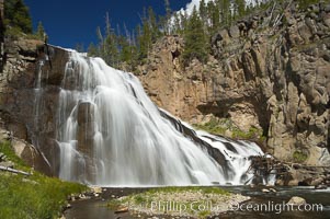 Gibbon Falls drops 80 feet through a deep canyon formed by the Gibbon River. Although visible from the road above, the best vantage point for viewing the falls is by hiking up the river itself, Yellowstone National Park, Wyoming