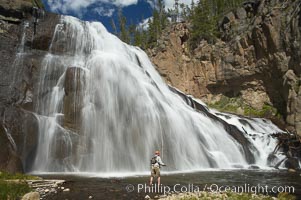 Fly fishing below Gibbon Falls. This flyfisherman hiked up the Gibbon River to reach the foot of Gibbon Falls, Yellowstone National Park, Wyoming