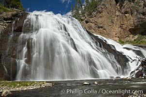 Gibbon Falls drops 80 feet through a deep canyon formed by the Gibbon River. Although visible from the road above, the best vantage point for viewing the falls is by hiking up the river itself, Yellowstone National Park, Wyoming