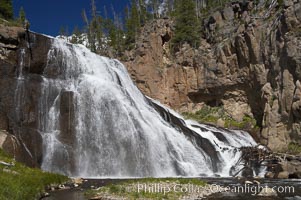 Gibbon Falls drops 80 feet through a deep canyon formed by the Gibbon River. Although visible from the road above, the best vantage point for viewing the falls is by hiking up the river itself, Yellowstone National Park, Wyoming