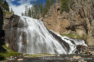 Gibbon Falls drops 80 feet through a deep canyon formed by the Gibbon River. Although visible from the road above, the best vantage point for viewing the falls is by hiking up the river itself, Yellowstone National Park, Wyoming