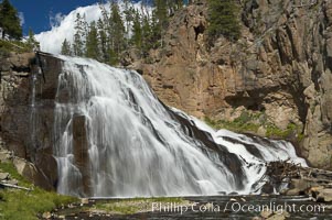 Gibbon Falls drops 80 feet through a deep canyon formed by the Gibbon River. Although visible from the road above, the best vantage point for viewing the falls is by hiking up the river itself, Yellowstone National Park, Wyoming