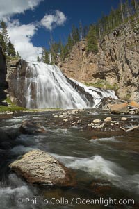 Gibbon Falls drops 80 feet through a deep canyon formed by the Gibbon River. Although visible from the road above, the best vantage point for viewing the falls is by hiking up the river itself, Yellowstone National Park, Wyoming