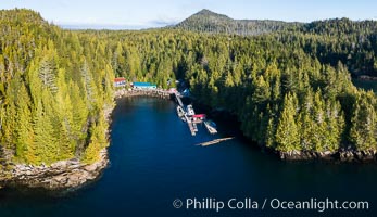 Gods Pocket Resort, on Hurst Island, part of Gods Pocket Provincial Park, aerial photo