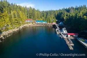 Gods Pocket Resort, on Hurst Island, part of Gods Pocket Provincial Park, aerial photo