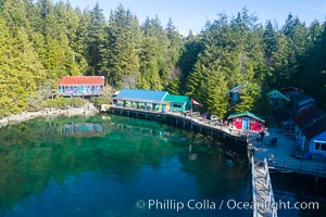 Gods Pocket Resort, on Hurst Island, part of Gods Pocket Provincial Park, aerial photo