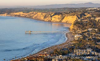 La Jolla Shores Coastline and Scripps Pier, Blacks Beach and Torrey Pines, aerial photo, sunset