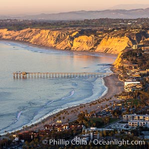 La Jolla Shores Coastline and Scripps Pier, Blacks Beach and Torrey Pines, aerial photo, sunset