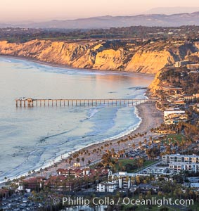 La Jolla Shores Coastline and Scripps Pier, Blacks Beach and Torrey Pines, aerial photo, sunset