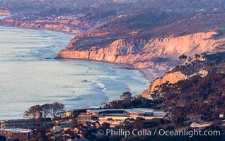 La Jolla Shores Coastline and Scripps Pier, Blacks Beach and Torrey Pines, from Mount Soledad, sunset.