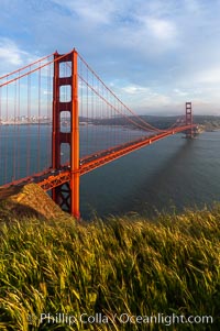 Golden Gate Bridge, viewed from the Marin Headlands with the city of San Francisco in the distance.  Late afternoon.