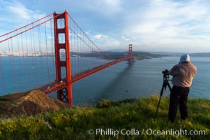 Golden Gate Bridge, viewed from the Marin Headlands with the city of San Francisco in the distance.  Late afternoon