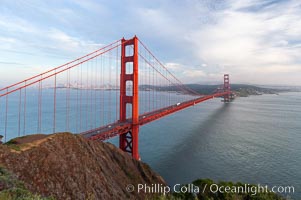 Golden Gate Bridge, viewed from the Marin Headlands with the city of San Francisco in the distance.  Late afternoon