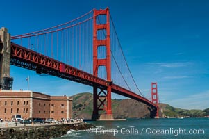 Golden Gate Bridge, viewed from Fort Point, with the Marin Headlands visible in the distance.  San Francisco