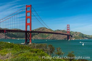 Golden Gate Bridge, viewed from San Francisco, with the Marin Headlands visible in the distance