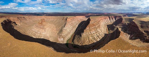 Goosenecks on the San Juan River near Lime Ridge, Utah. Deep canyons formed by the San Juan River near Mexican Hat are seen in this aerial panoramic photo