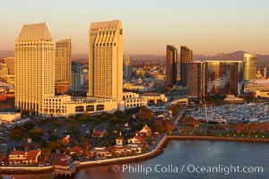 Grand Hyatt hotel towers, above Seaport Village and San Diego Bay