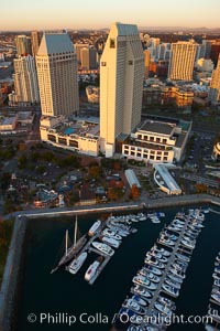 Grand Hyatt hotel towers, rising above the Embarcadero Marina and yacht basin, San Diego, California