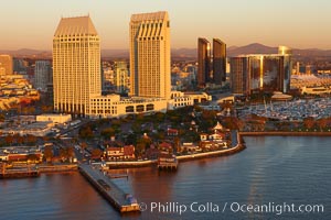 Grand Hyatt hotel towers, above Seaport Village and San Diego Bay