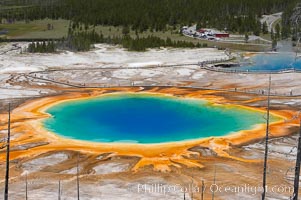 Grand Prismatic Spring (left) and Excelsior Geyser (right).  Grand Prismatic Spring displays a stunning rainbow of colors created by species of thermophilac (heat-loving) bacteria that thrive in narrow temperature ranges.  The blue water in the center is too hot to support any bacterial life, while the outer orange rings are the coolest water.  Grand Prismatic Spring is the largest spring in the United States and the third-largest in the world.  Midway Geyser Basin, Yellowstone National Park, Wyoming