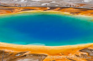 Grand Prismatic Spring displays a stunning rainbow of colors created by species of thermophilac (heat-loving) bacteria that thrive in narrow temperature ranges.  The blue water in the center is too hot to support any bacterial life, while the outer orange rings are the coolest water.  Grand Prismatic Spring is the largest spring in the United States and the third-largest in the world.  Midway Geyser Basin, Yellowstone National Park, Wyoming