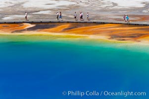 Grand Prismatic Spring displays a stunning rainbow of colors created by species of thermophilac (heat-loving) bacteria that thrive in narrow temperature ranges.  The blue water in the center is too hot to support any bacterial life, while the outer orange rings are the coolest water.  Grand Prismatic Spring is the largest spring in the United States and the third-largest in the world.  Midway Geyser Basin, Yellowstone National Park, Wyoming