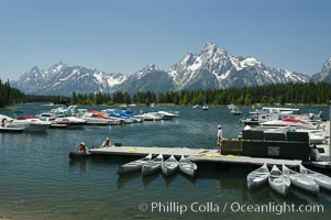 Colter Bay Marina on Jackson Lake with Mount Moran in the distance, Grand Teton National Park, Wyoming