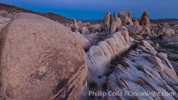 Granite boulders and monliths, Earth shadow, sunset, Joshua Tree National Park.