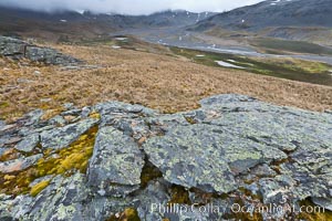 Grassy windy highlands and rocks, overlooking alluvial floodplain formed by glacier runoff near Stromness Bay.