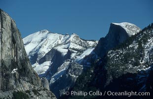 Half Dome (right), Clouds Rest (center), El Capitan (left), El Capitan, copyright Phillip Colla Natural History Photography, www.oceanlight.com, image #07043, all rights reserved worldwide.