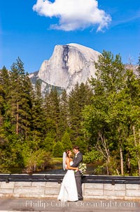Wedding day in Yosemite Valley, with Half Dome in the background.  Yosemite National Park, Spring