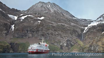 Hercules Bay, with icebreaker M/V Polar Star at anchor, below the steep mountains of South Georgia Island.
