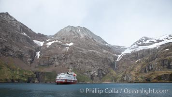 Hercules Bay, with icebreaker M/V Polar Star at anchor, below the steep mountains of South Georgia Island